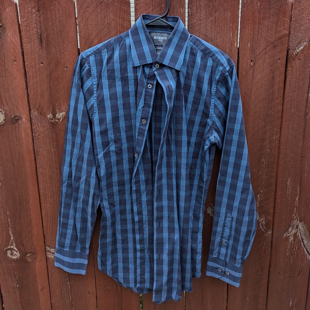 Bonobos Blue Checkered Dress Shirt - 15/35 Tailored Slim Fit